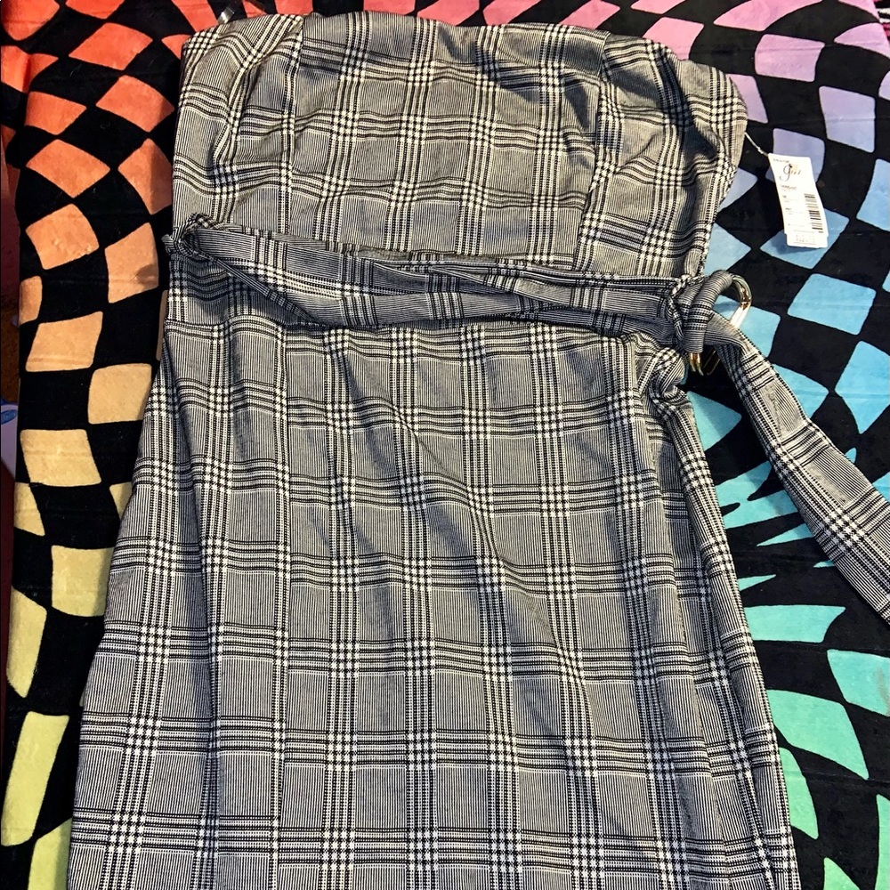 Grey Plaid Strapless Dress